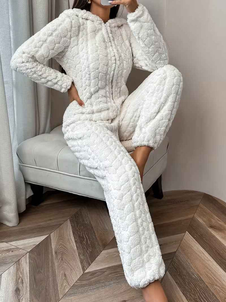 Women’s Jacquard Plush Hooded Lounge Jumpsuit Pyjamas