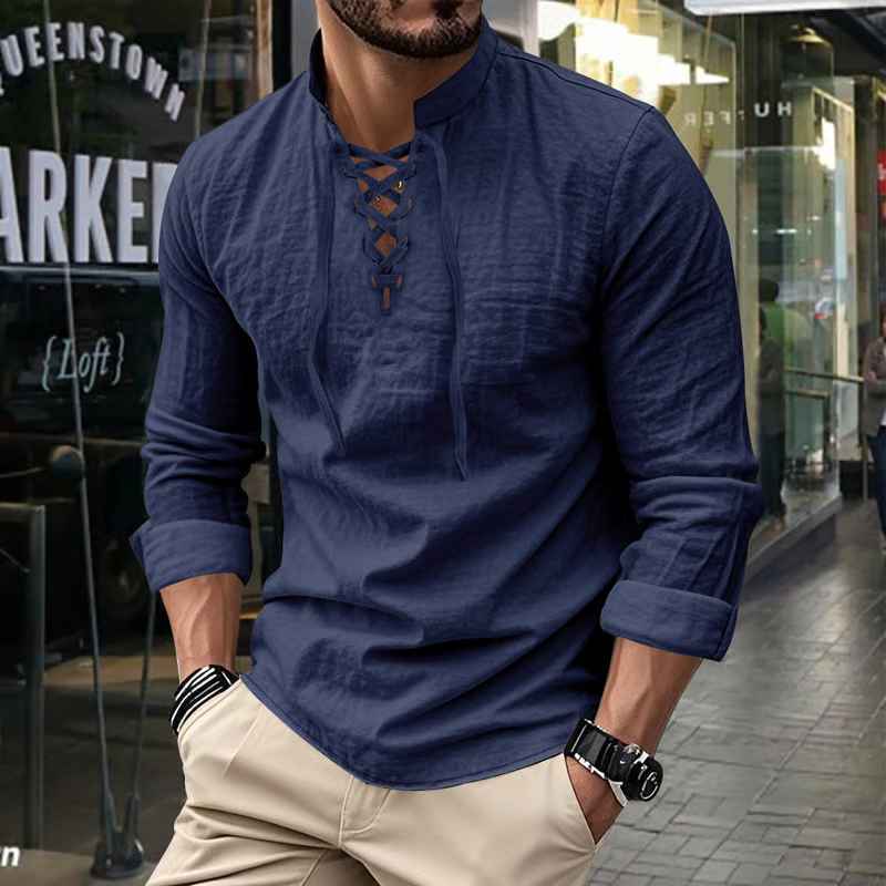 Men’s Linen Stand-Collar Long-Sleeve Polo Shirt