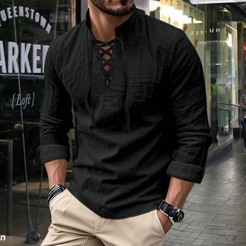 Men’s Linen Stand-Collar Long-Sleeve Polo Shirt