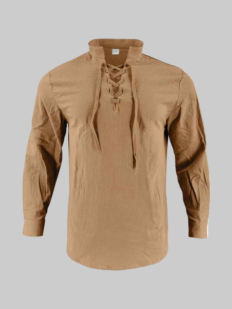 Men’s Linen Stand-Collar Long-Sleeve Polo Shirt