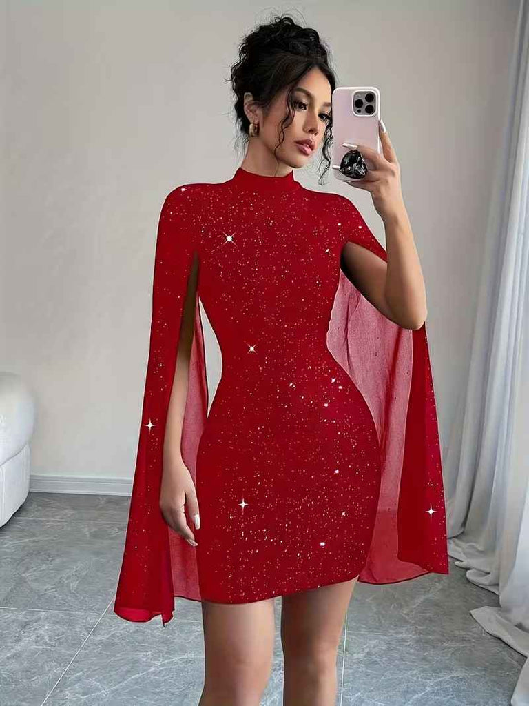 Women’s Sparkle Cape-Sleeve Bodycon Party Mini Dress