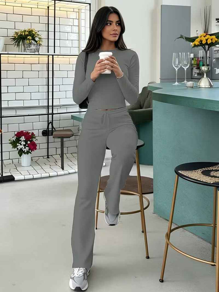Women’s Long-Sleeve Lounge Top and Drawstring Flared Trousers Set
