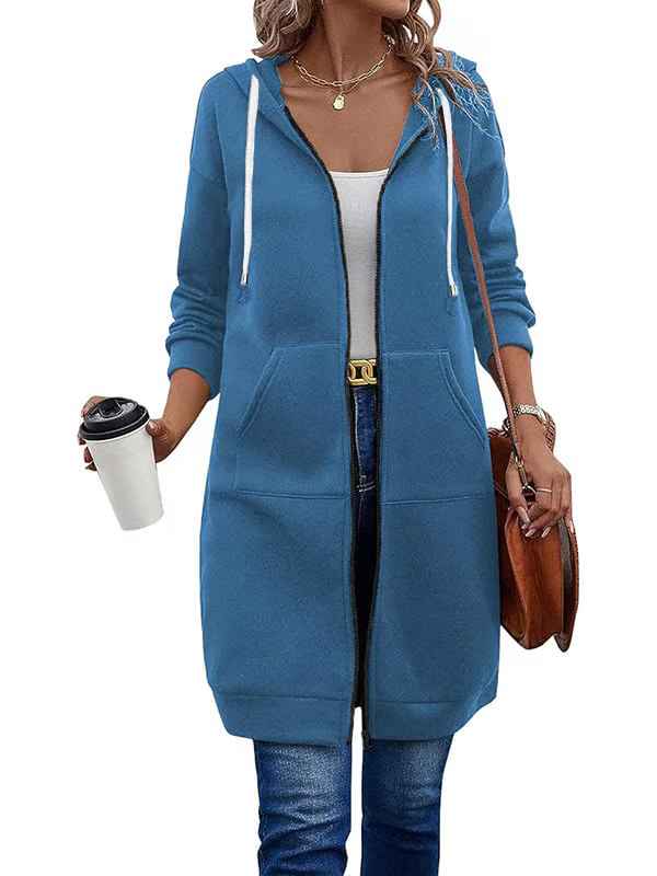 Women’s Knee-Length Zip-Up Hooded Tunic Hoodie with Pockets