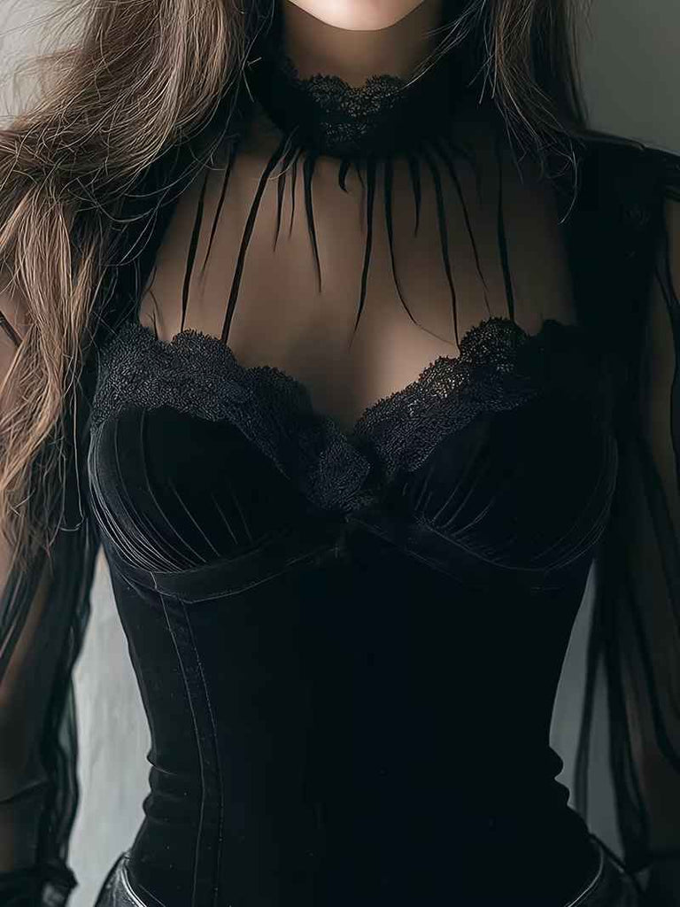 Women’s Lace-Yoke Long Sleeve Elegant Top