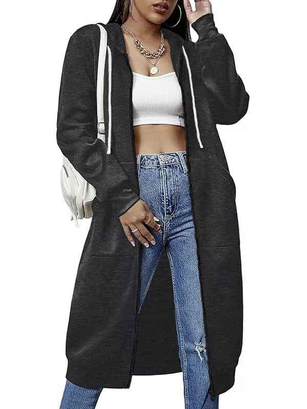 Women’s Knee-Length Zip-Up Hooded Tunic Hoodie with Pockets