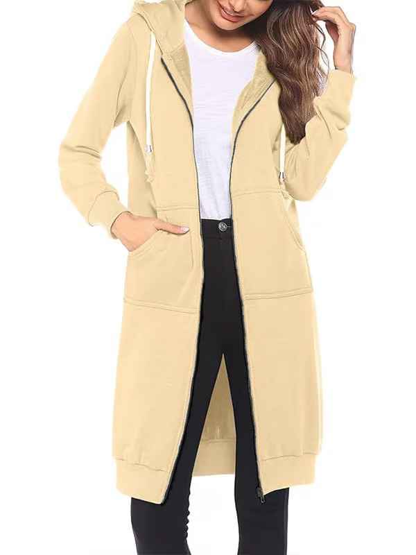 Women’s Knee-Length Zip-Up Hooded Tunic Hoodie with Pockets