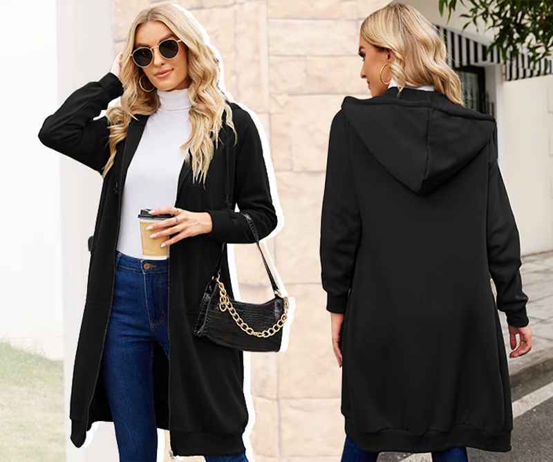 Women’s Knee-Length Zip-Up Hooded Tunic Hoodie with Pockets