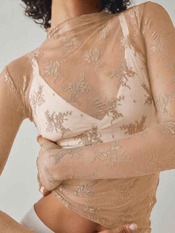 Floral Lace Sheer Mock-Neck Thumb-Hole Top