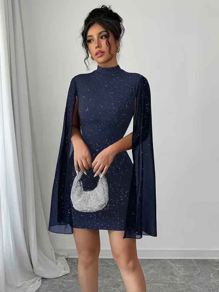Women’s Sparkle Cape-Sleeve Bodycon Party Mini Dress
