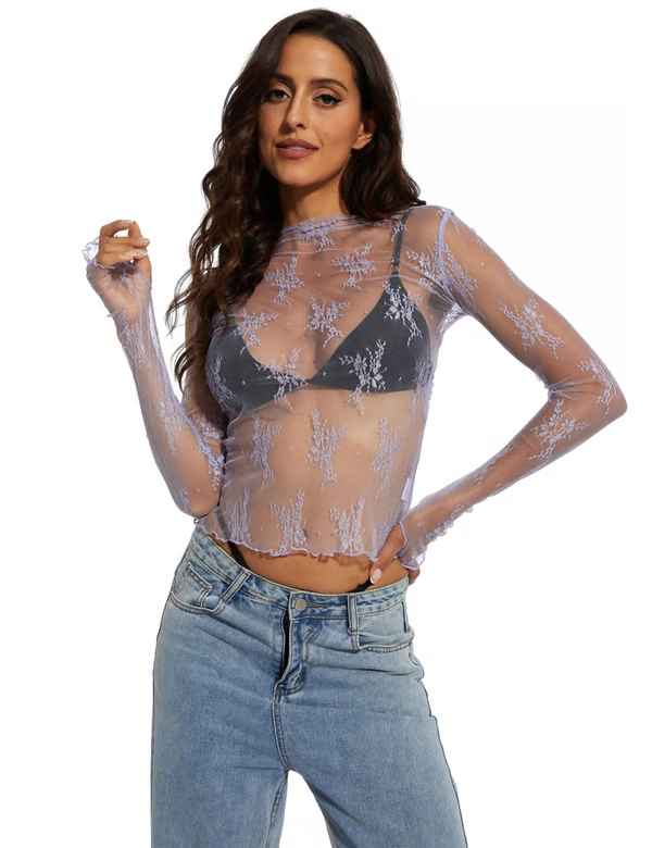 Floral Lace Sheer Mock-Neck Thumb-Hole Top