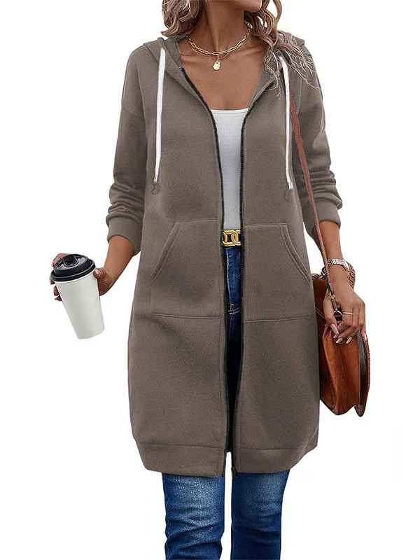 Women’s Knee-Length Zip-Up Hooded Tunic Hoodie with Pockets