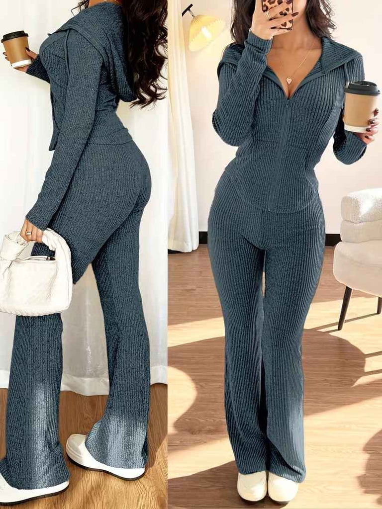Women’s Rib-Knit Hooded Zip Top and Flared Trousers Set