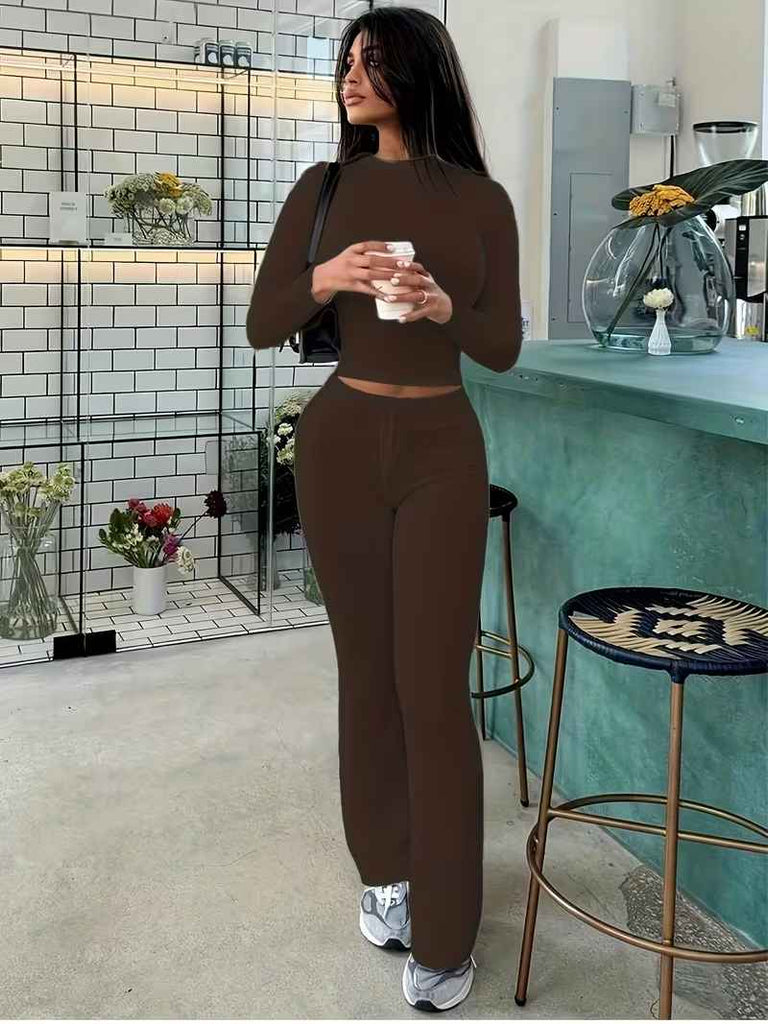 Women’s Long-Sleeve Lounge Top and Drawstring Flared Trousers Set