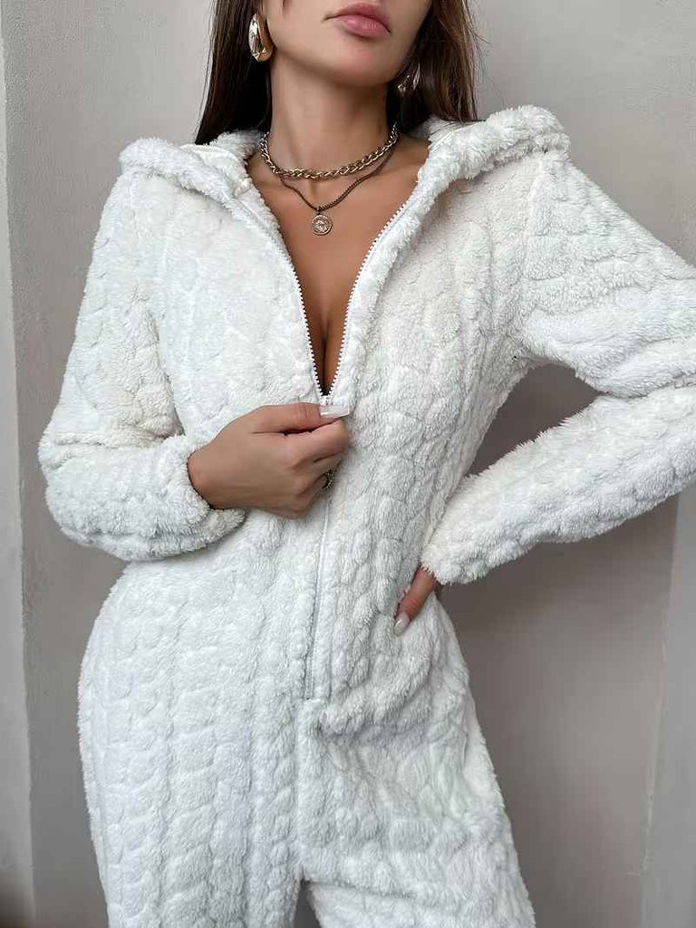 Women’s Jacquard Plush Hooded Lounge Jumpsuit Pyjamas