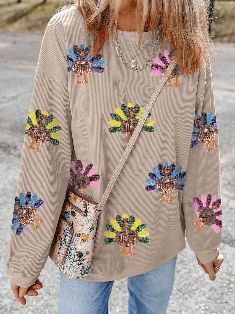 Women’s Sequin Turkey Graphic Corded Oversized Thanksgiving Sweatshirt