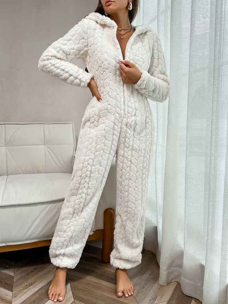Women’s Jacquard Plush Hooded Lounge Jumpsuit Pyjamas