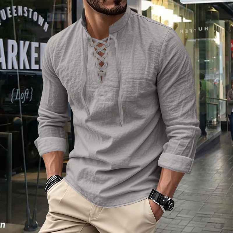 Men’s Linen Stand-Collar Long-Sleeve Polo Shirt