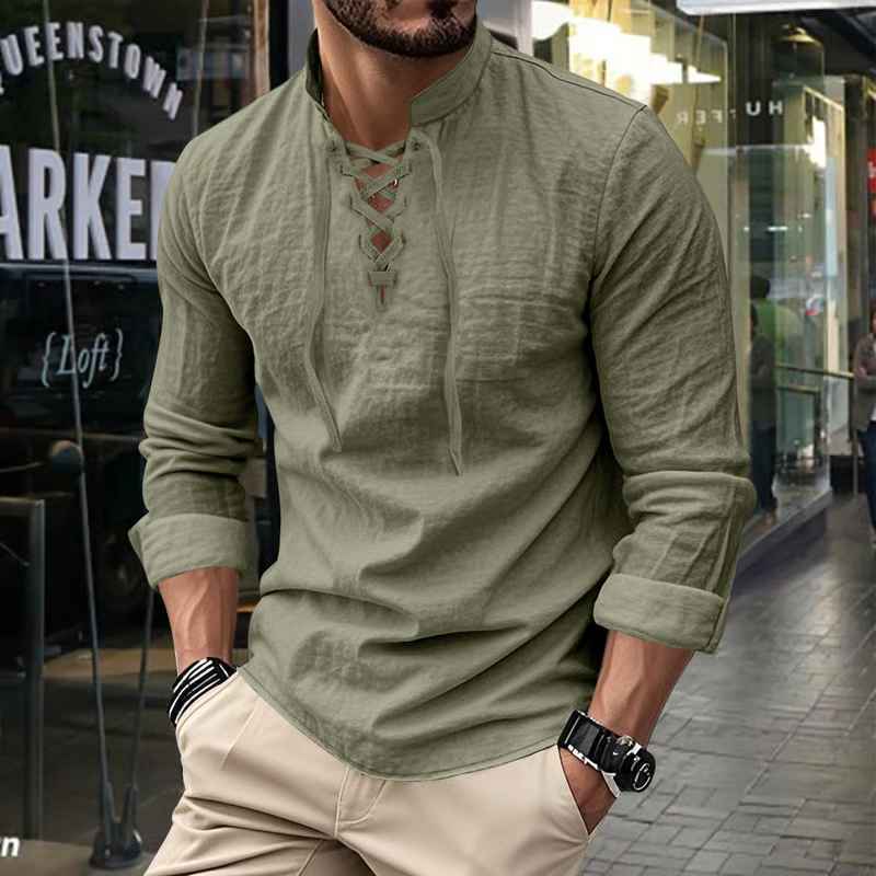 Men’s Linen Stand-Collar Long-Sleeve Polo Shirt