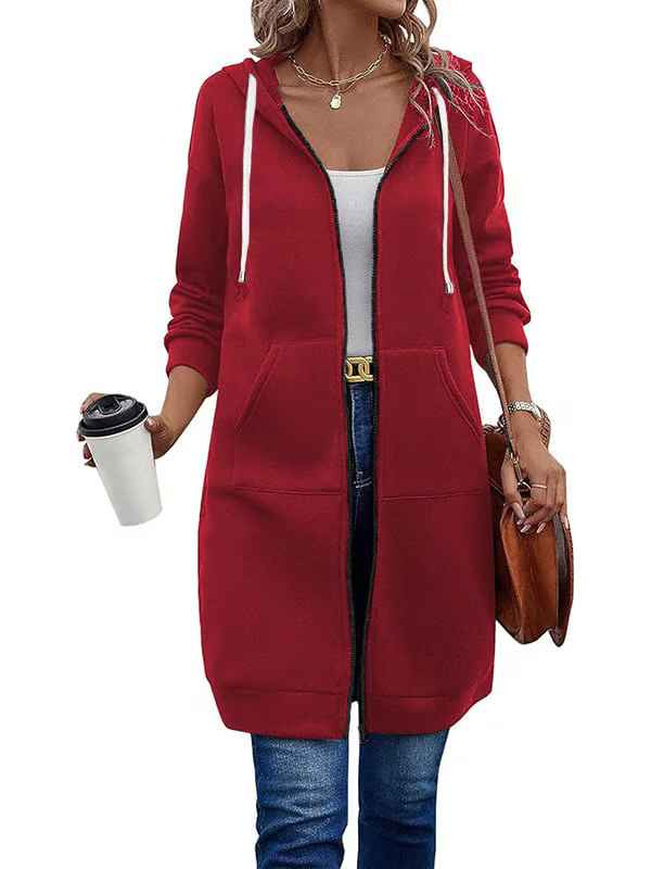 Women’s Knee-Length Zip-Up Hooded Tunic Hoodie with Pockets