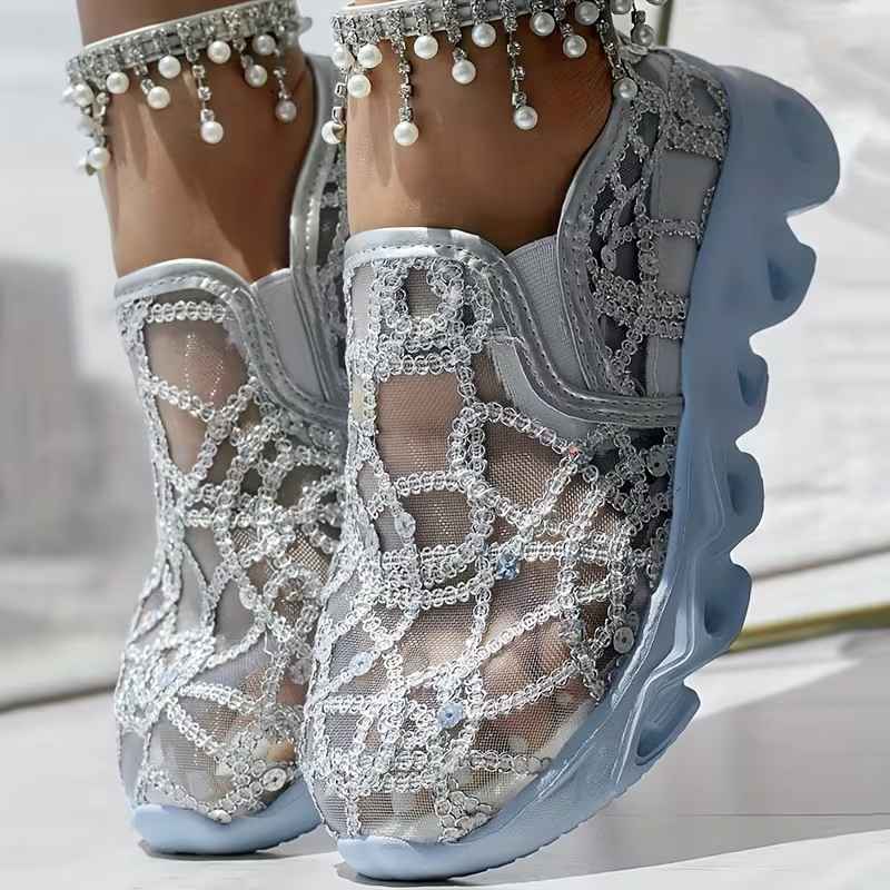 Women’s Crystal Mesh Lace Slip-On Trainers