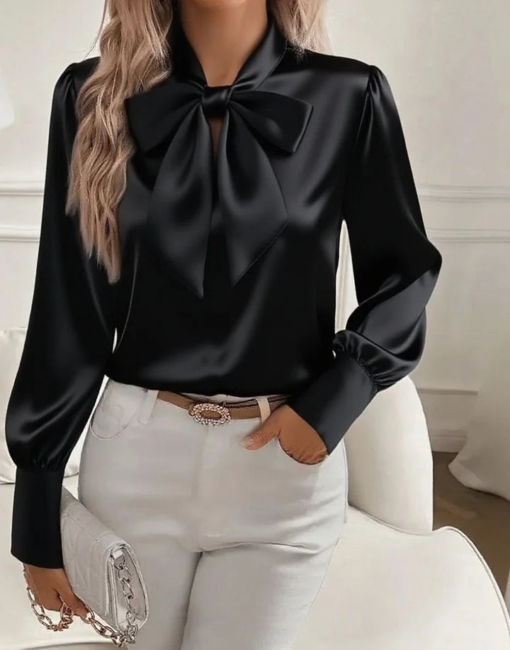 Women’s Satin Bow-Tie V-Neck Blouse