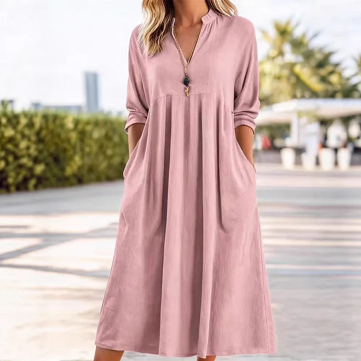 Women’s Relaxed Cotton-Linen V-Neck Pocket Midi Dress