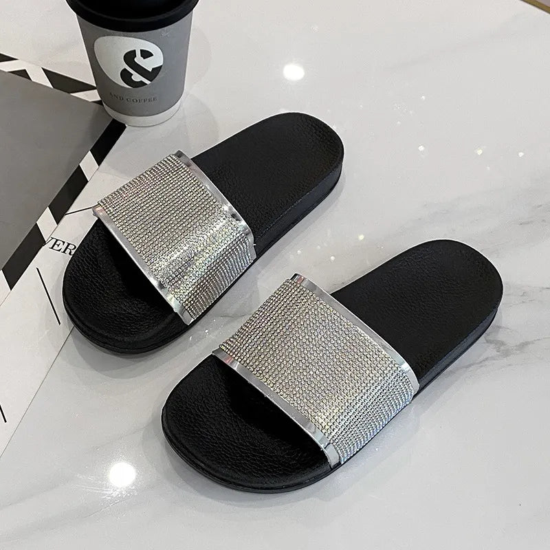 Women’s Rhinestone Patent-Effect Thick-Soled Slide Slippers