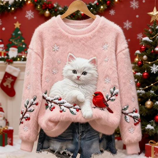 Women’s Festive Cat & Bird Flannel Christmas Sweater