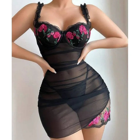 Women’s Floral Lace Mesh Strap Mini Dress