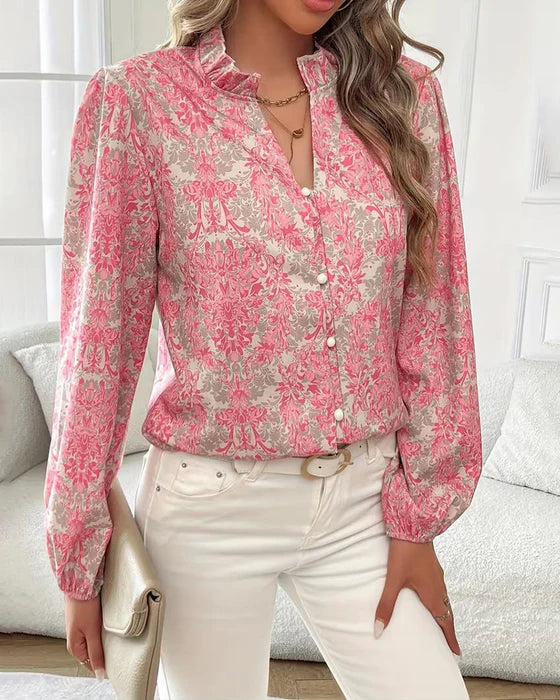 Women’s Printed Ruffled Collar Long Sleeve Blouse