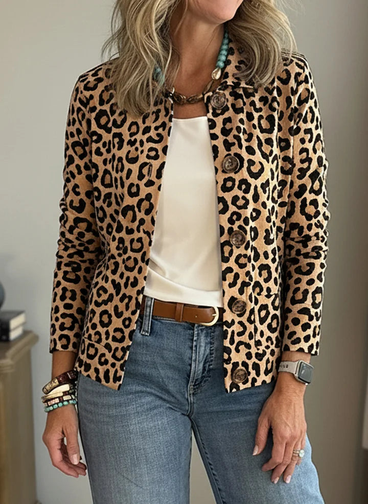Women's Casual Lapel Leopard Print Pocket Jacket