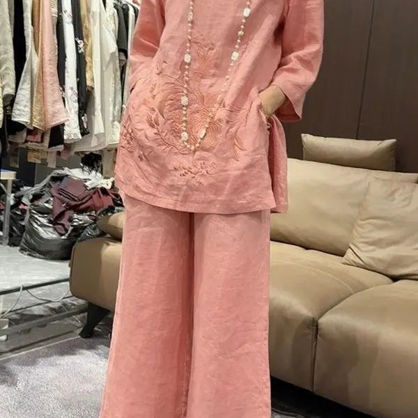 Women’s Embroidered Linen-Blend 3/4 Sleeve Co-Ord Set