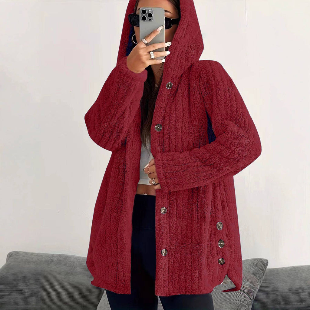 Women’s Longline Hooded Plush Fleece Button Jacket