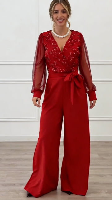 Women’s Sequin-Embellished Long Sleeve Mesh Jumpsuit