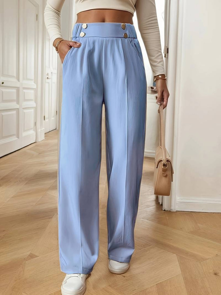 Women’s High-Waist Straight-Leg Office Trousers with Button Detail