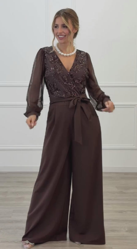 Women’s Sequin-Embellished Long Sleeve Mesh Jumpsuit