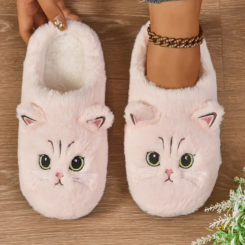 Women’s Cat Face Plush Fleece-Lined House Slippers