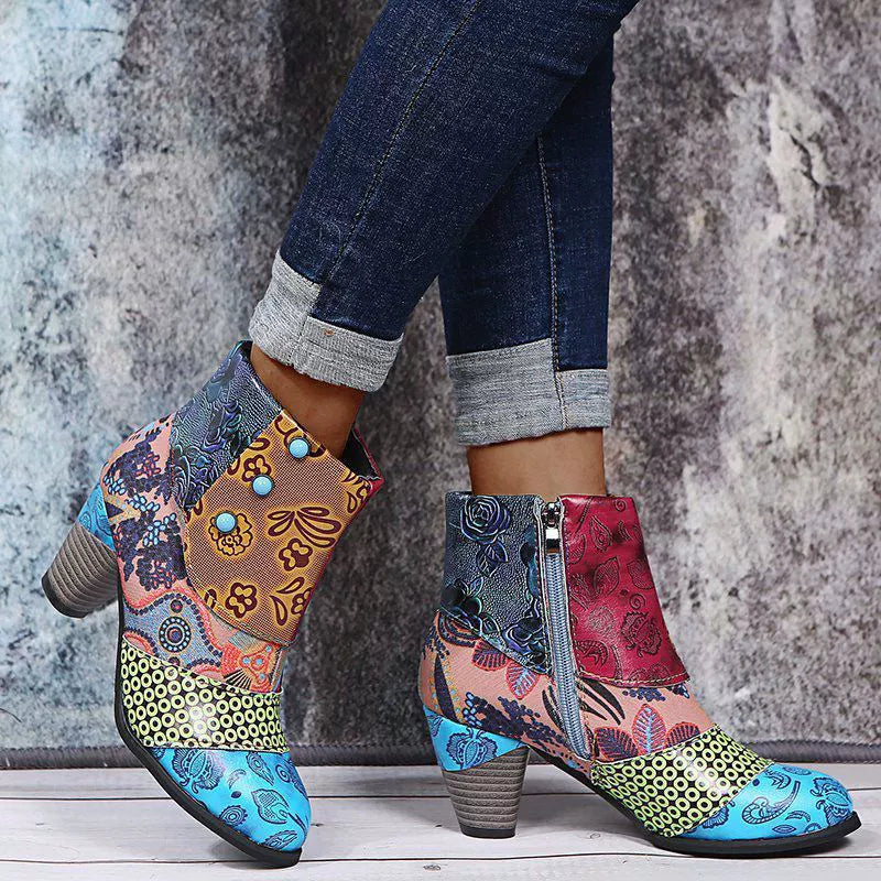 Women’s Patchwork Print Side Zip Ankle Boots