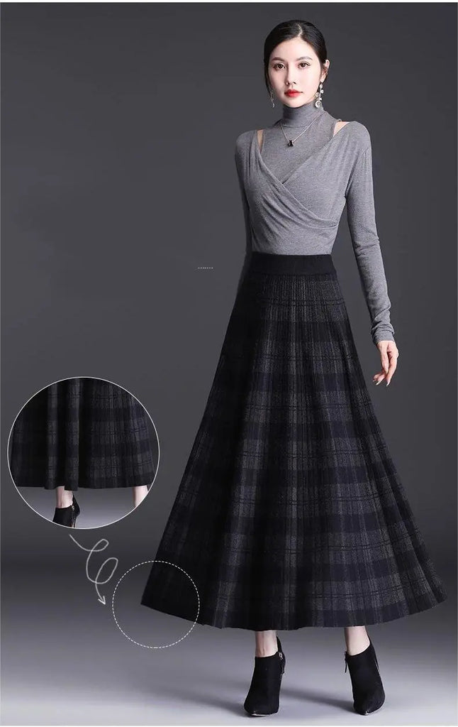 Women’s Knitted Wool Blend Plaid Maxi Skirt