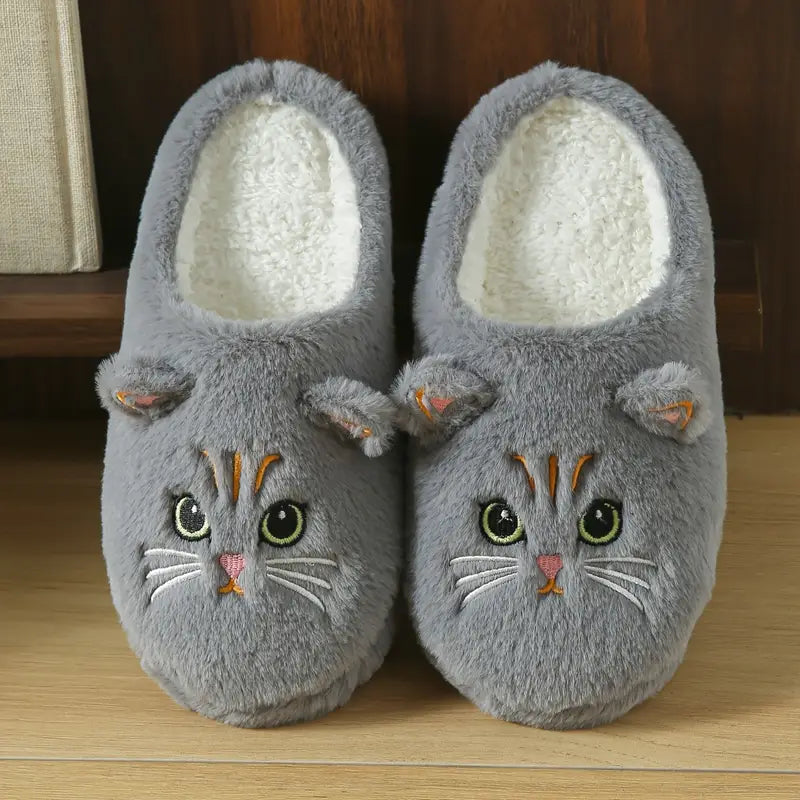 Women’s Cat Face Plush Fleece-Lined House Slippers