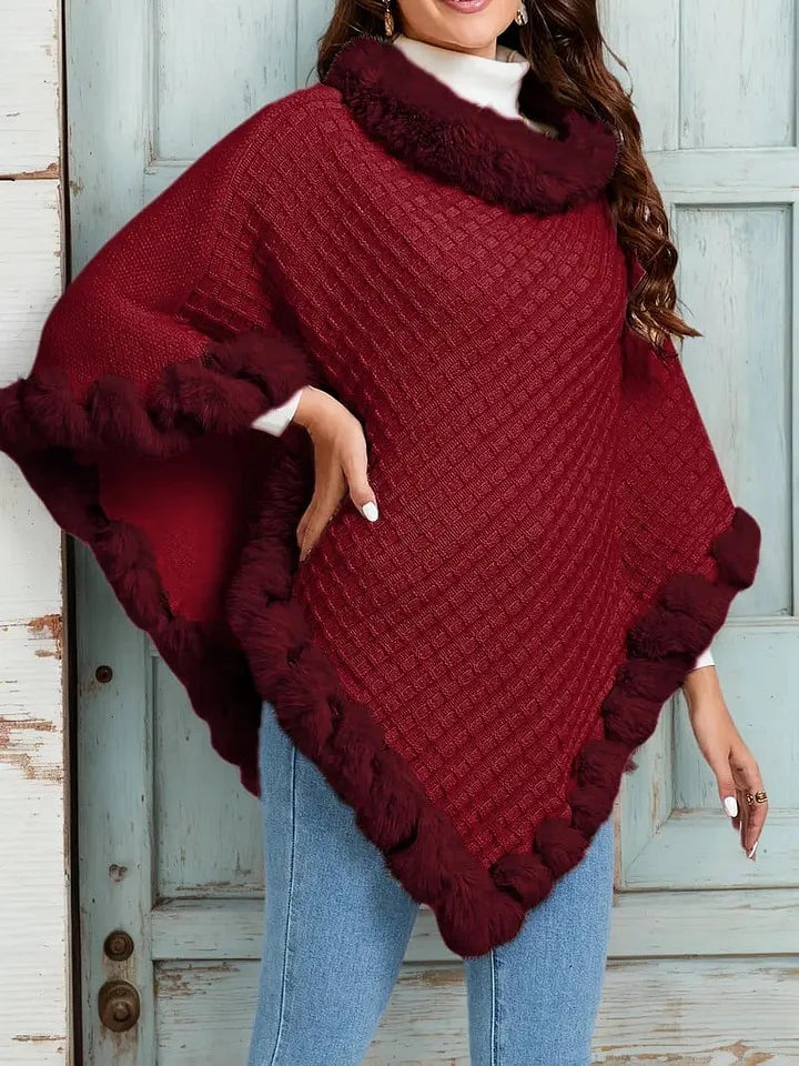 Women’s Faux-Fur Trim Knitted Winter Poncho Scarf