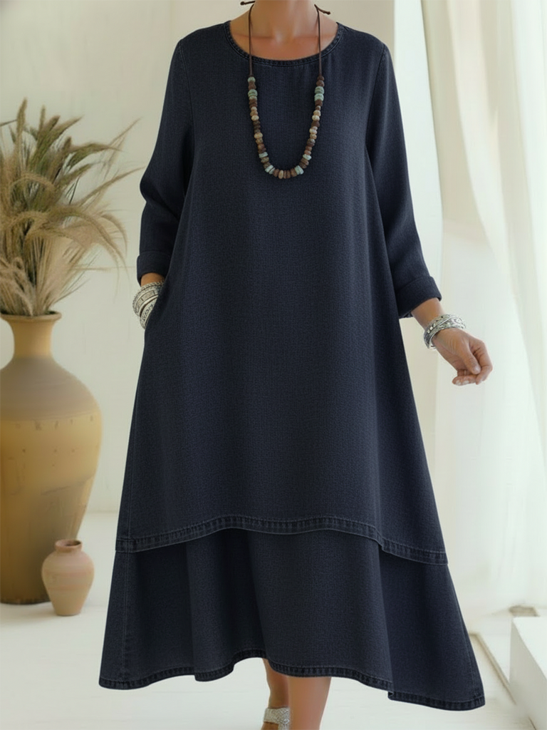 Women’s Double-Layer Denim Midi Dress with Relaxed Sleeves