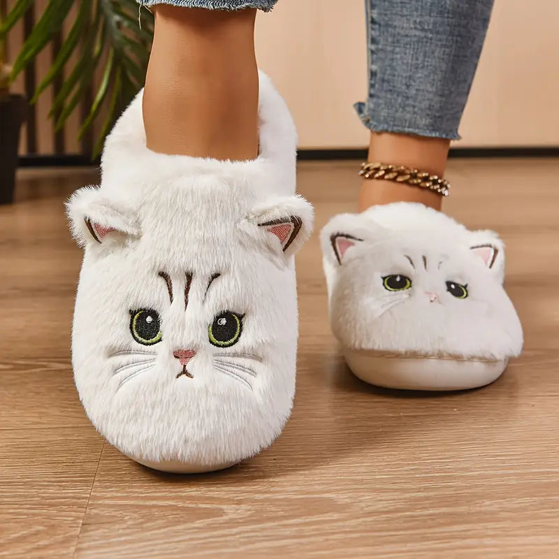 Women’s Cat Face Plush Fleece-Lined House Slippers