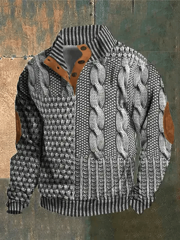 Men’s Button Collar Patchwork Cable Knit Jumper