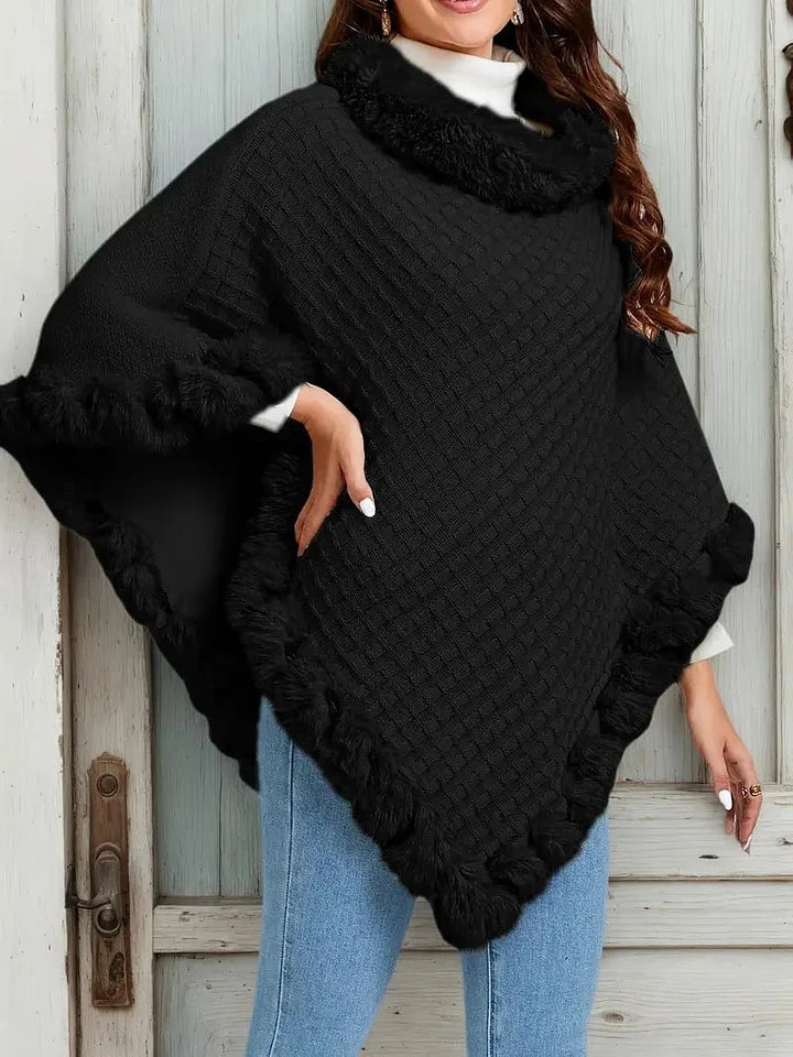 Women’s Faux-Fur Trim Knitted Winter Poncho Scarf