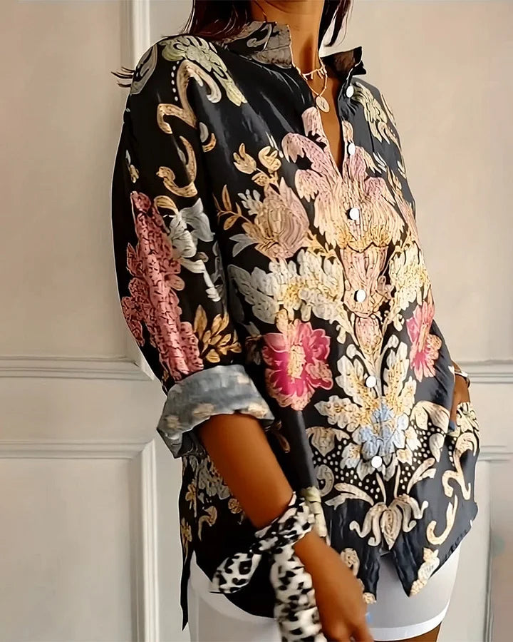 Women’s Floral Button-Front Collared Long Sleeve Shirt