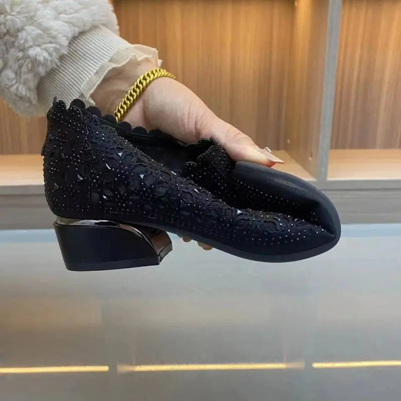 Women’s Autumn Mesh Sparkle Thick-Heel Slip-On Shoes