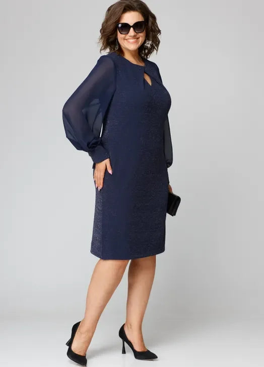 Women’s Sheer-Sleeve Shimmer Shift Dress