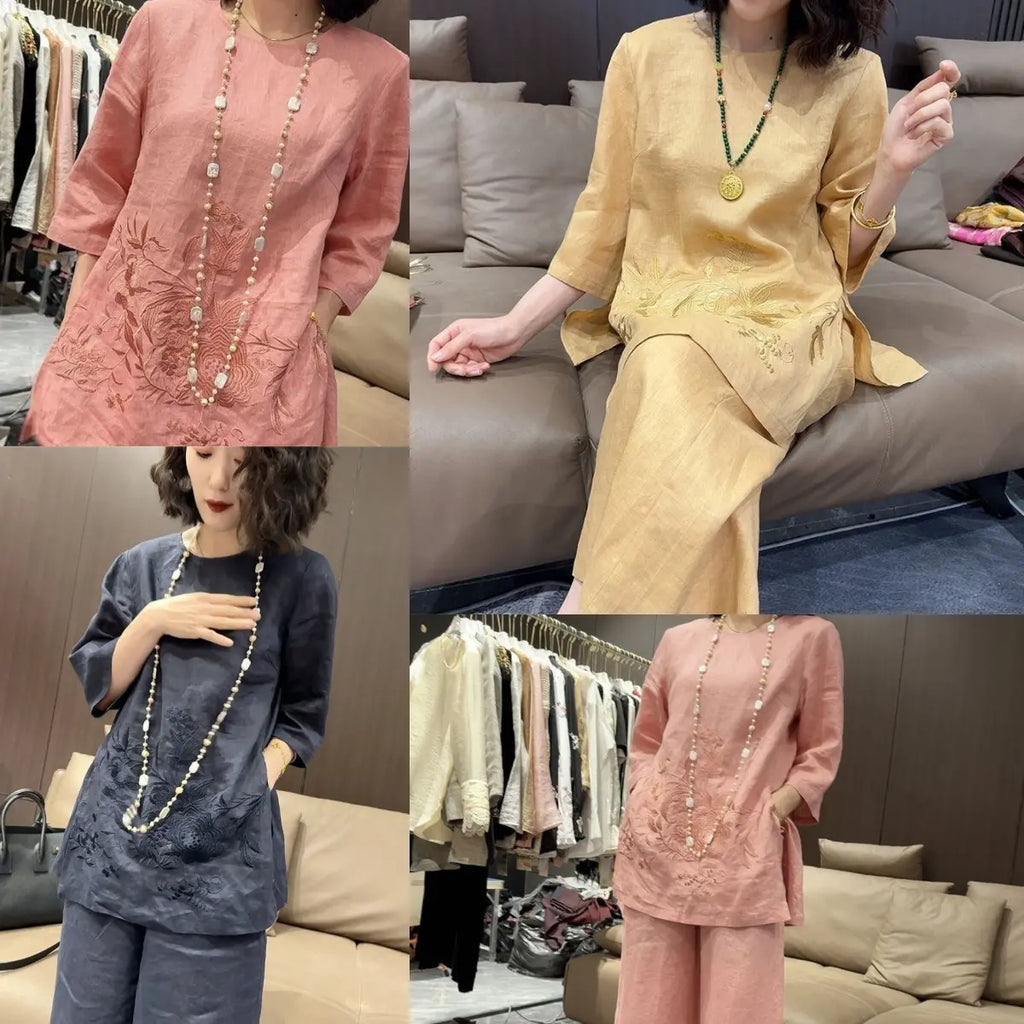 Women’s Embroidered Linen-Blend 3/4 Sleeve Co-Ord Set