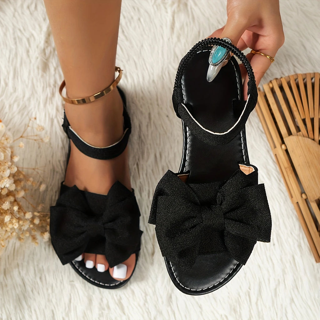 Women's Black Bow Flat Sandals - Comfortable Slip-On Summer Shoes